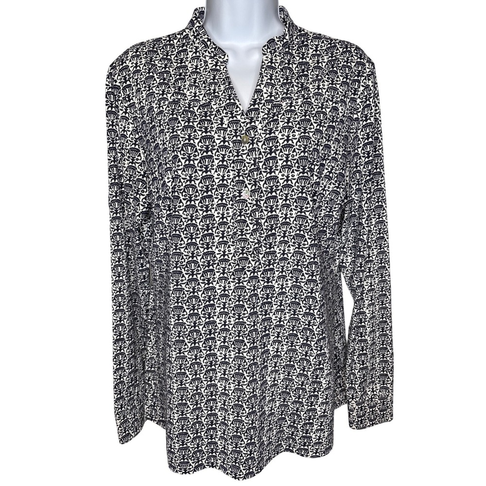 Ellie Kai Womens Blue White Damask Print‎ Henley Stretch Blouse Sz 10 Nautical